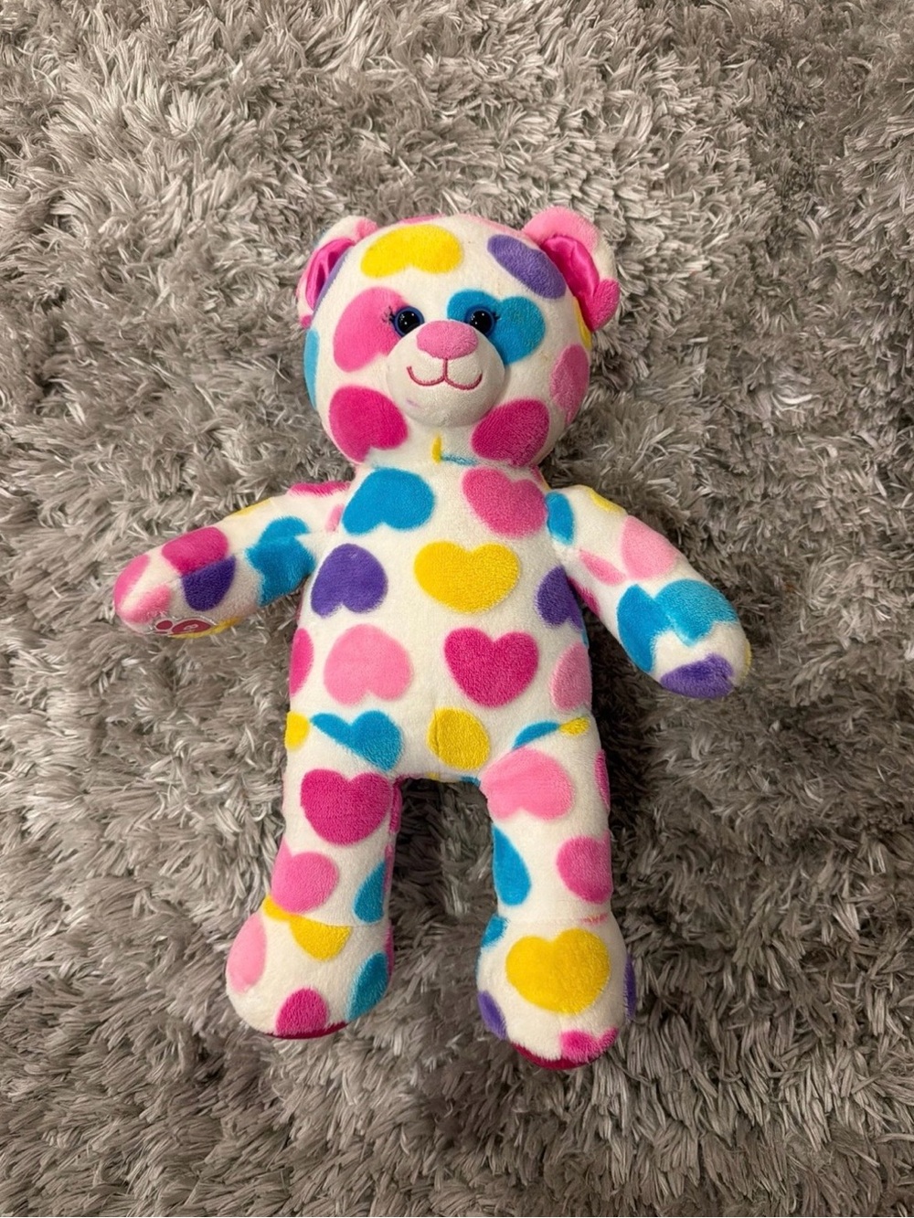 Build-A-Bear White Teddy with Pink, Blue, Yellow & Purple Heart Print